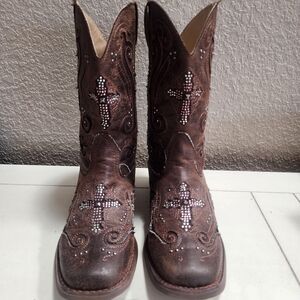 Roper Kids Faith Bling Cross Western‎ Cowboy Cowgirl Brown Boots, Sz 2